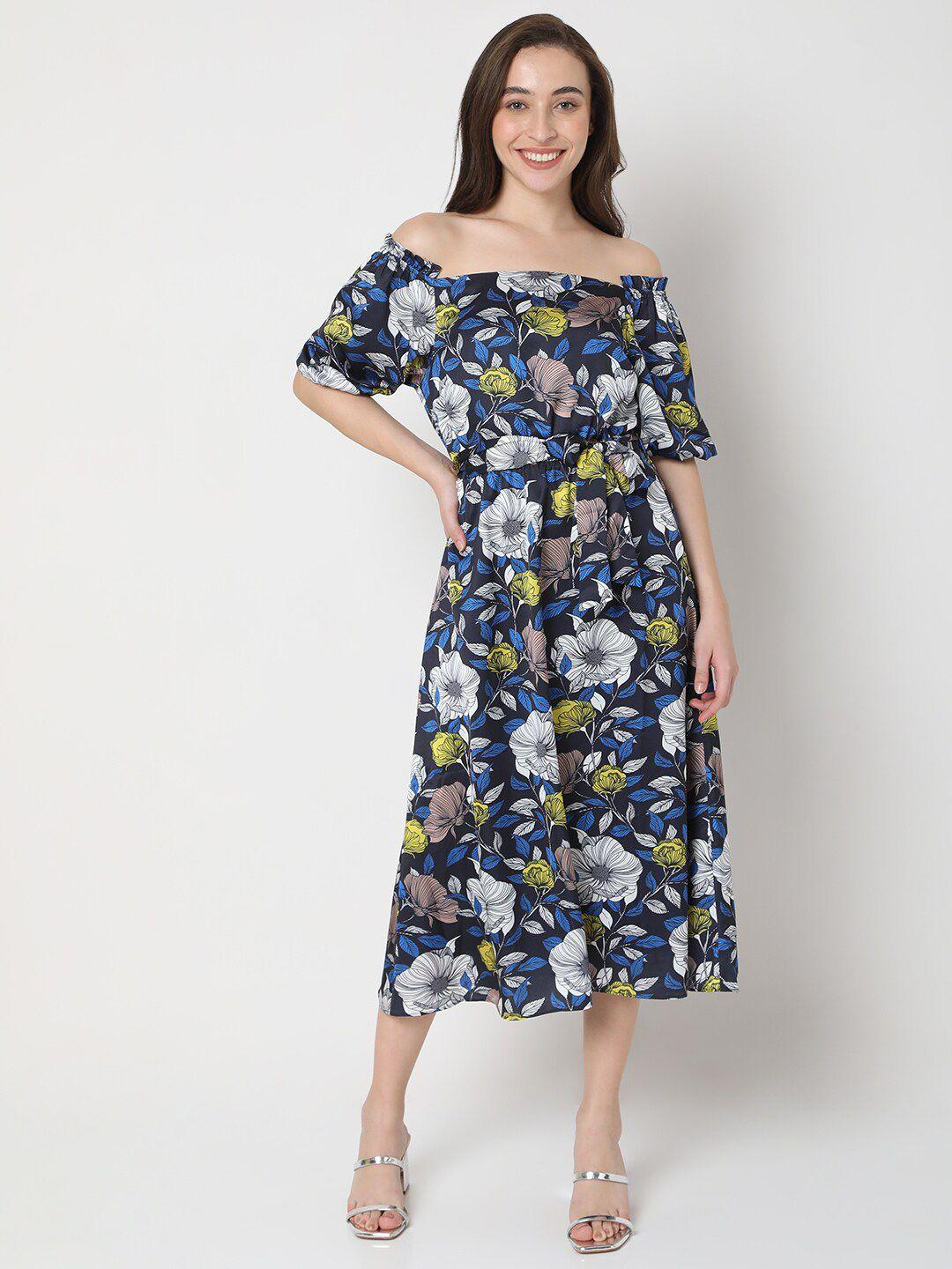 vero moda blue & white floral off-shoulder a-line midi dress