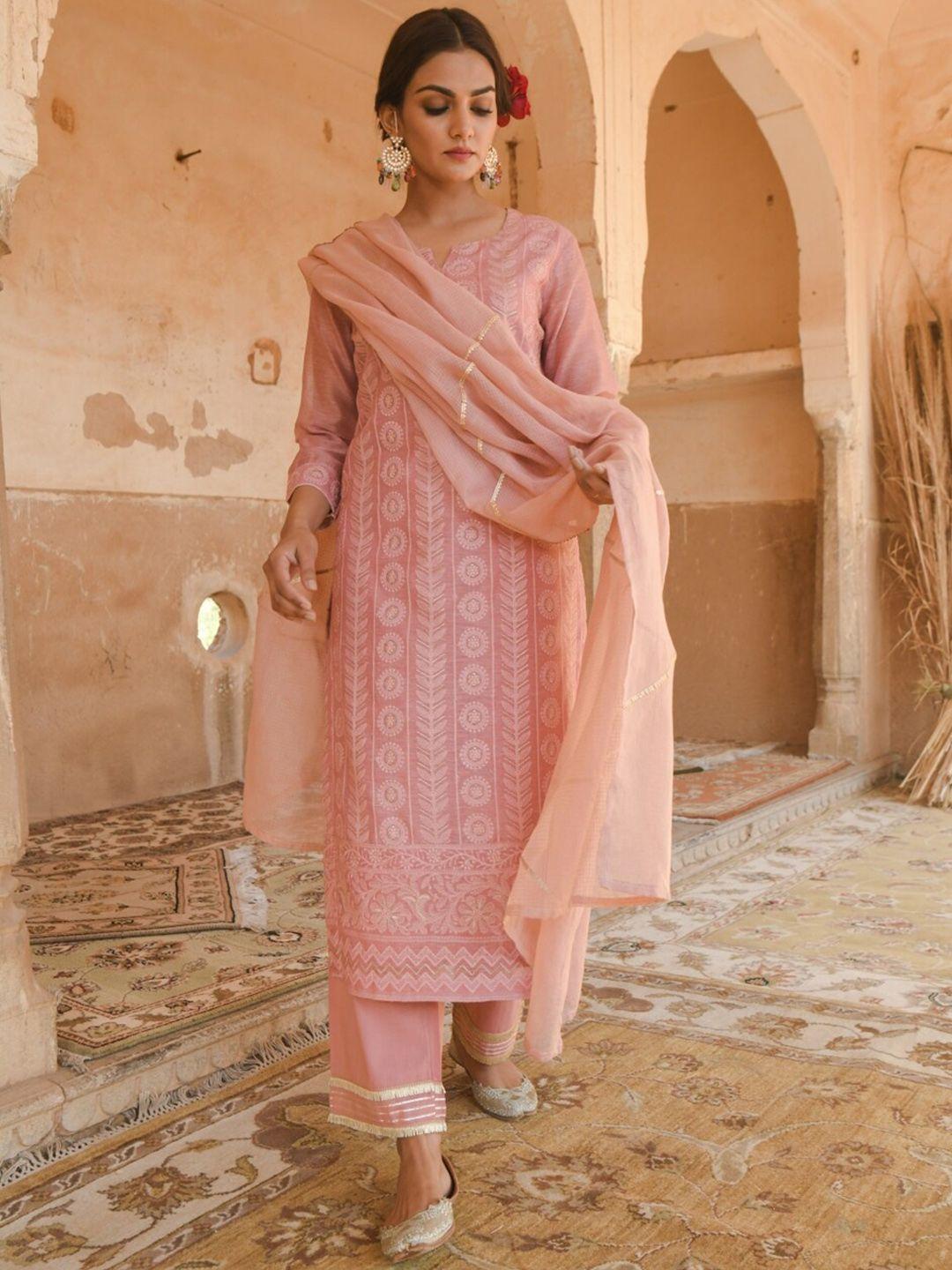 karaj jaipur women pink embroidered kurti with trousers & with dupatta