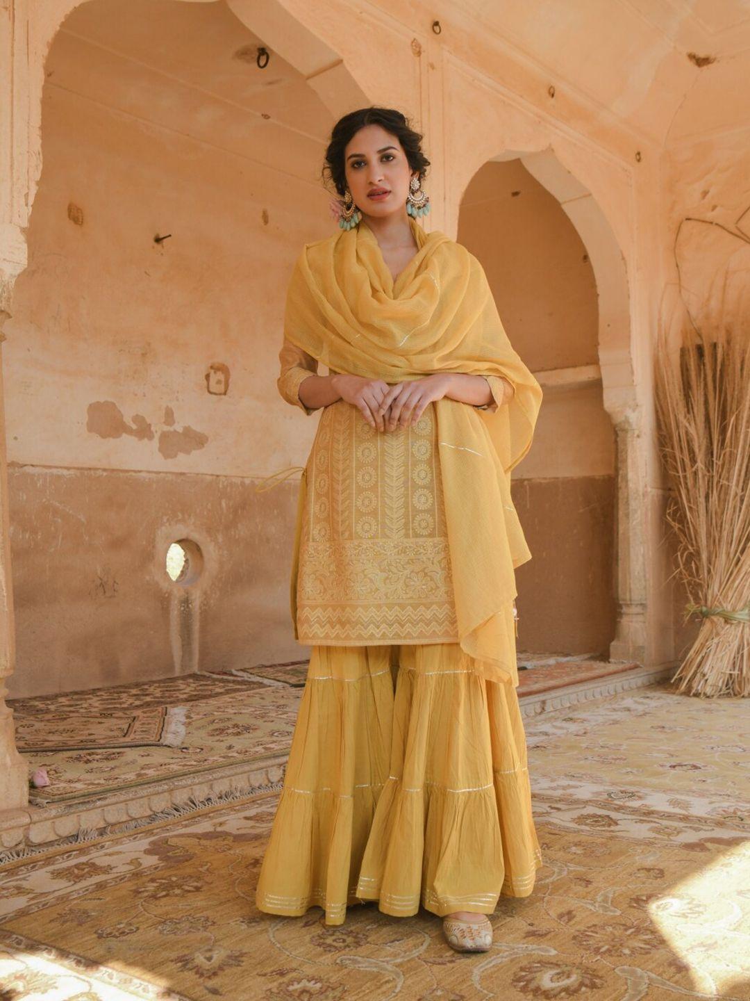 karaj jaipur women mustard yellow kurta with sharara & with dupatta