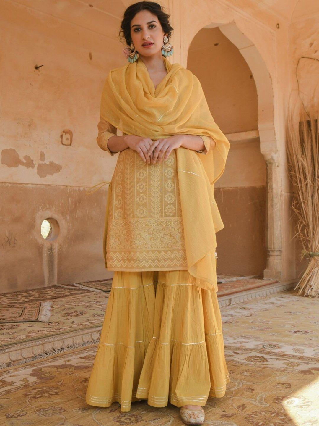 karaj jaipur women mustard yellow layered kurta with sharara & dupatta