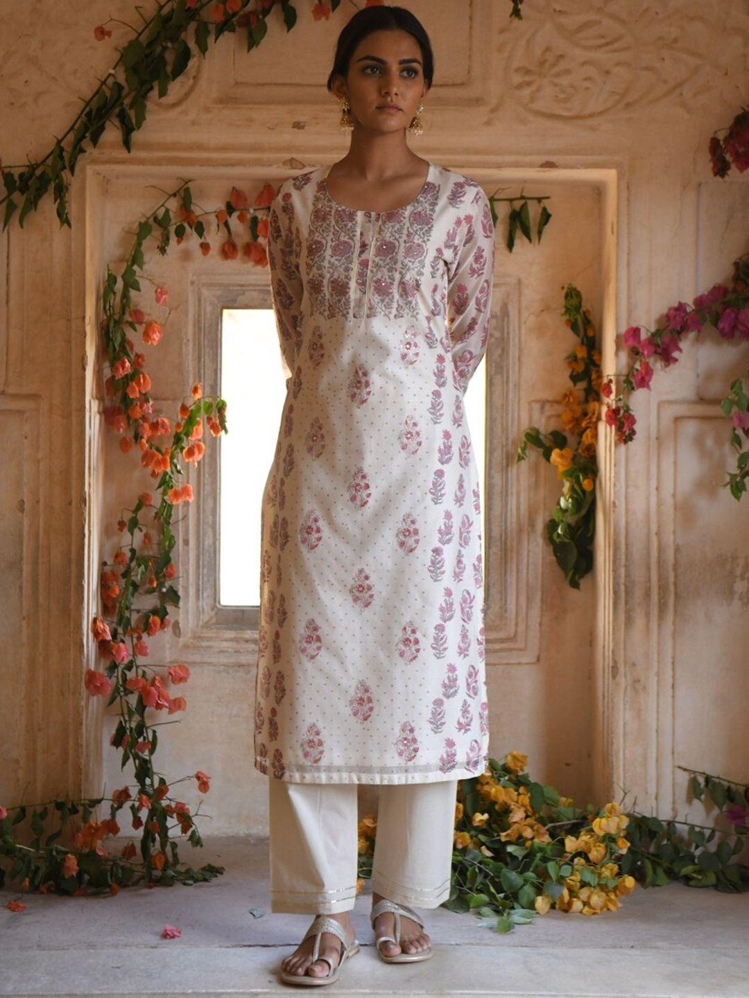 karaj jaipur women pink ethnic motifs printed kurta with palazzos & with dupatta set of 3