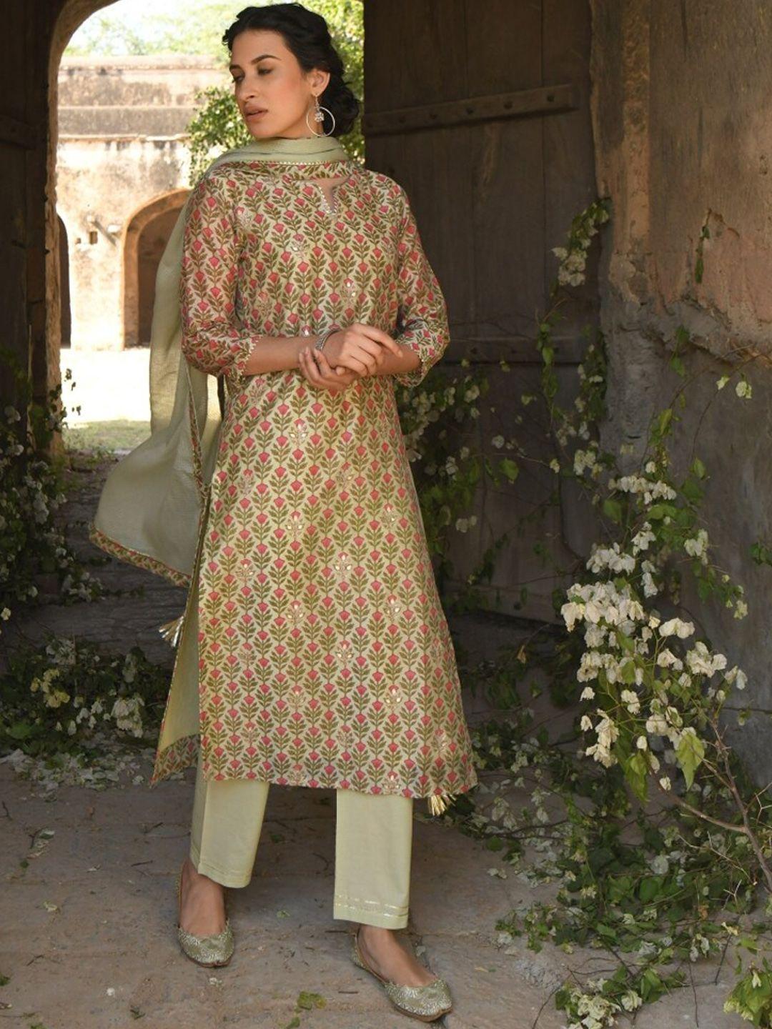 karaj jaipur women green printed kurta with trousers & with dupatta