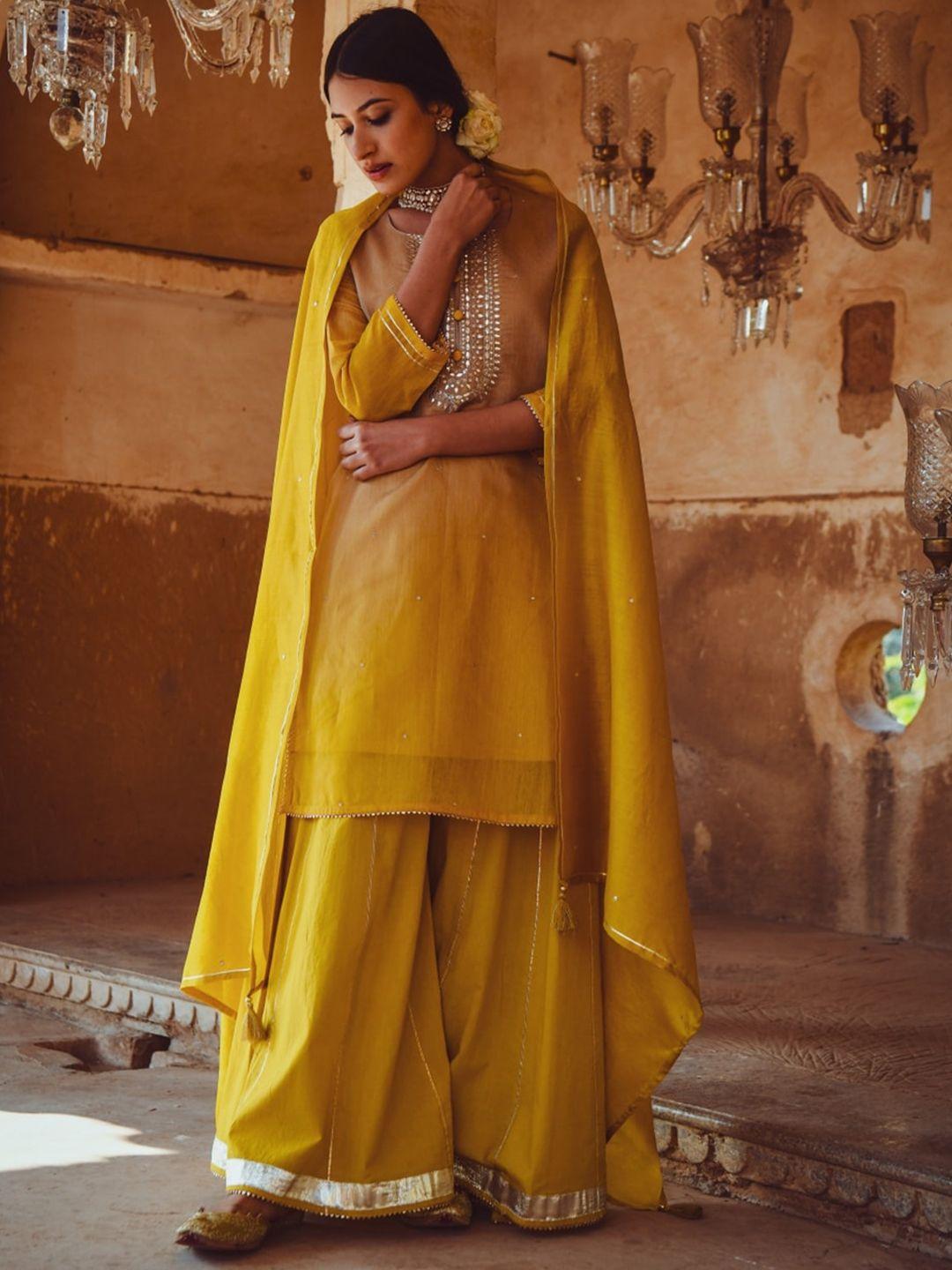 karaj jaipur women yellow ethnic motifs embroidered kurta with palazzos & dupatta