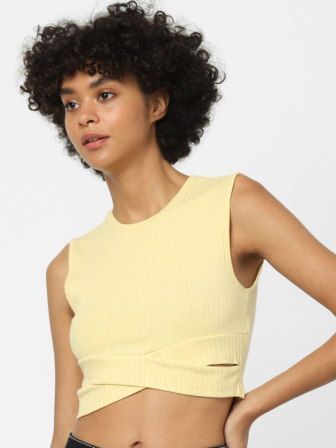 only yellow high neck cinched waist crop top