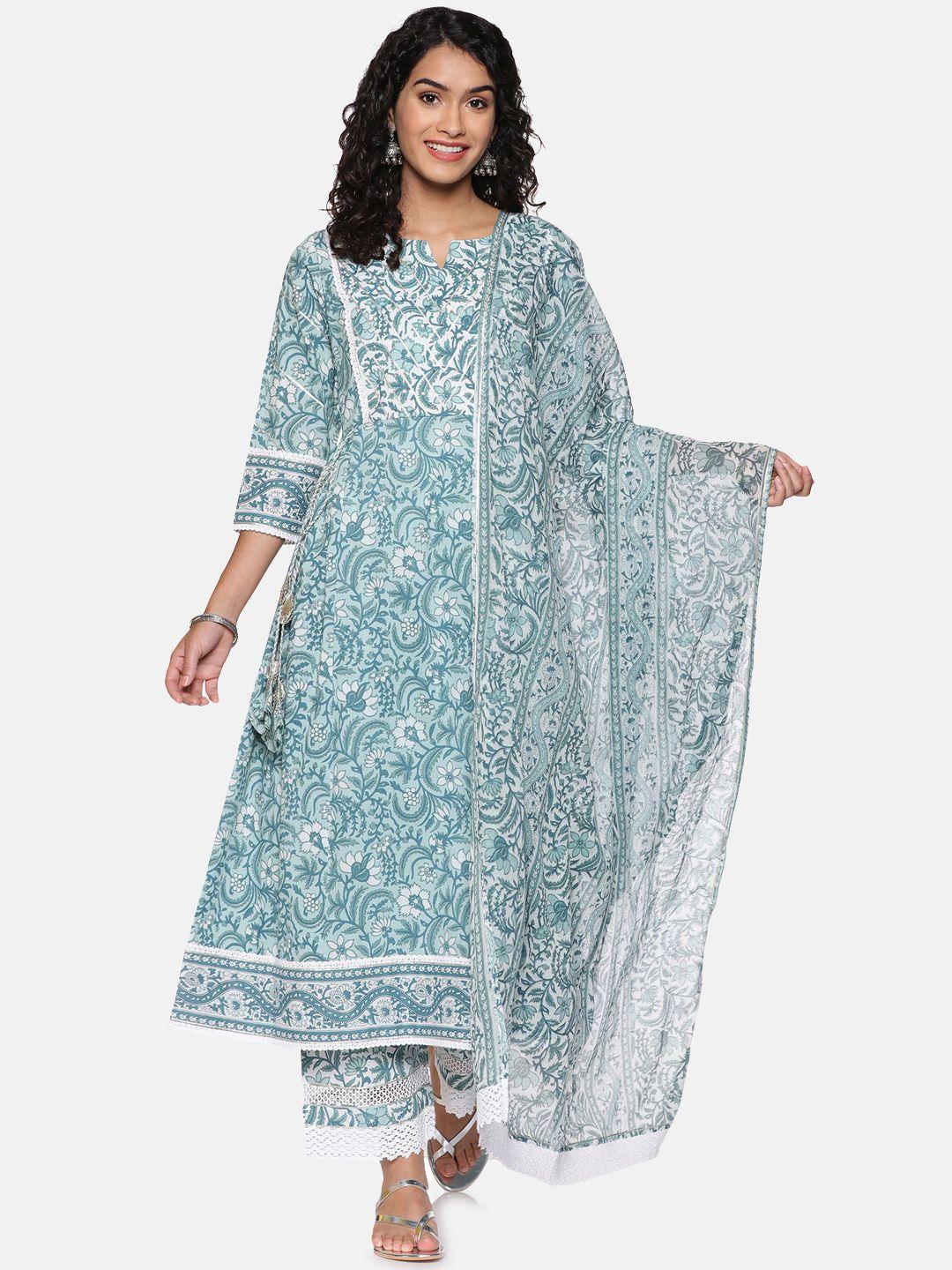 palakh women blue paisley yoke design pure cotton kurta with palazzos & with dupatta