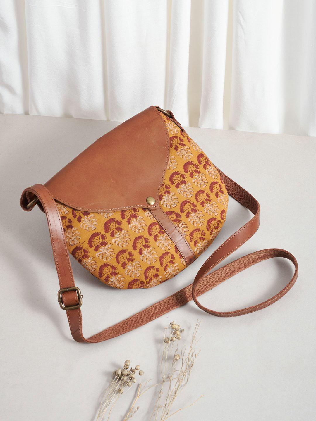 fabindia yellow fabric printed sling bag