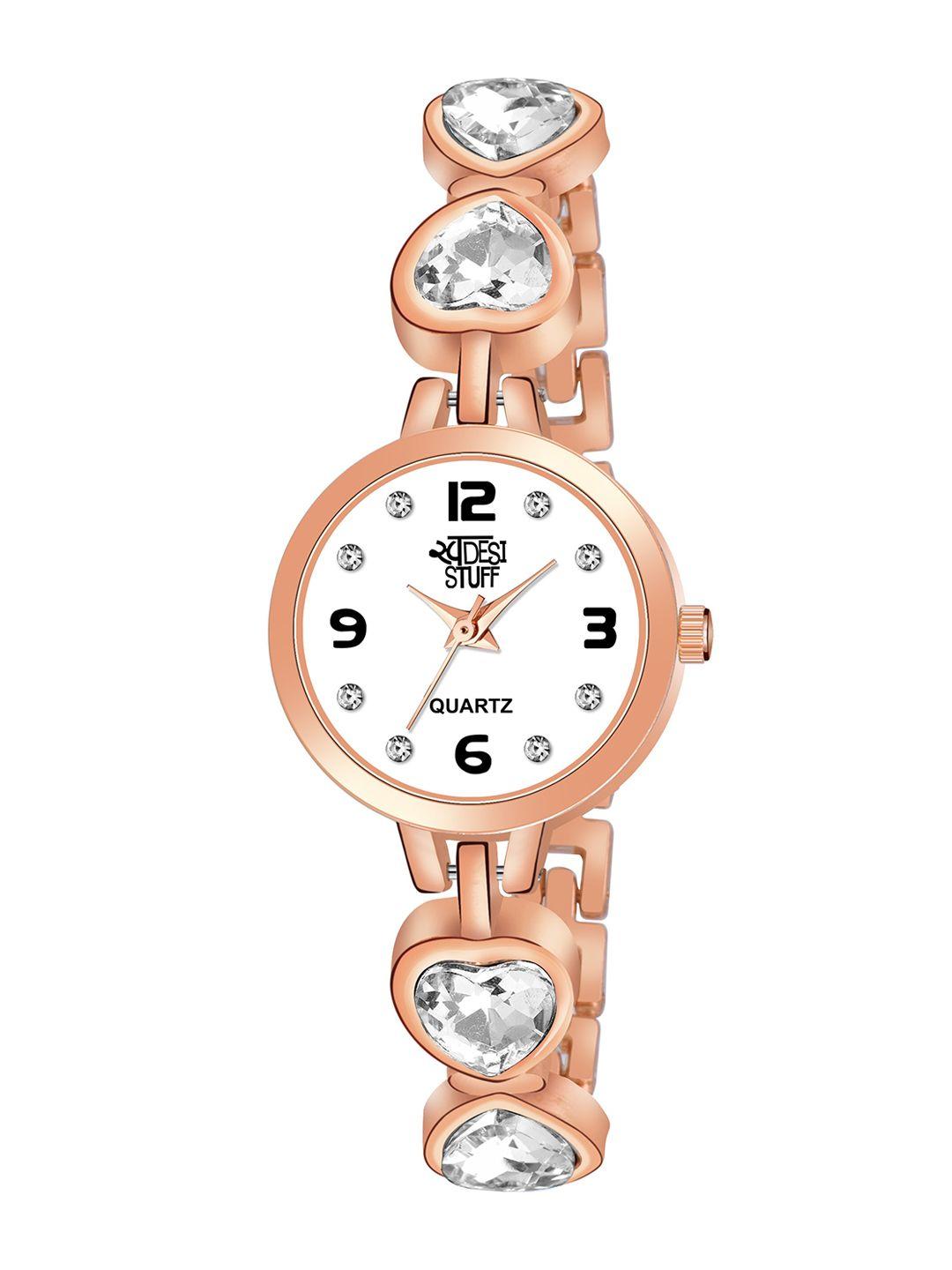 swadesi stuff women white mother of pearl dial & rose gold toned bracelet style straps analogue watch