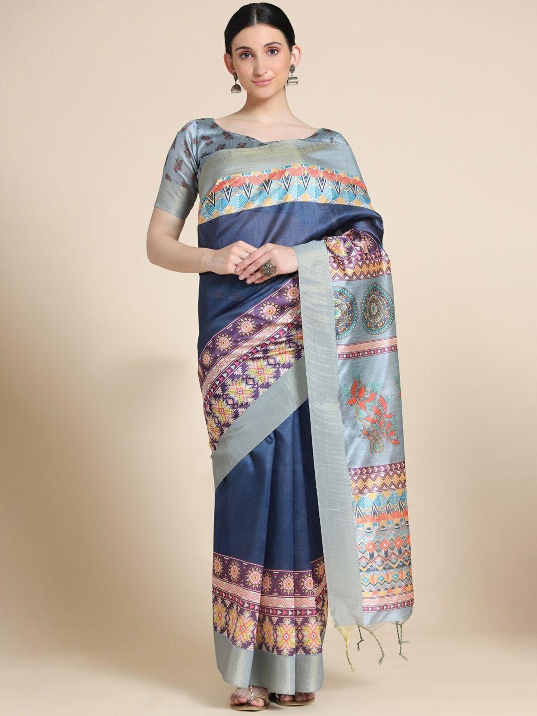 vishnu weaves blue & red kalamkari zari silk blend tussar saree