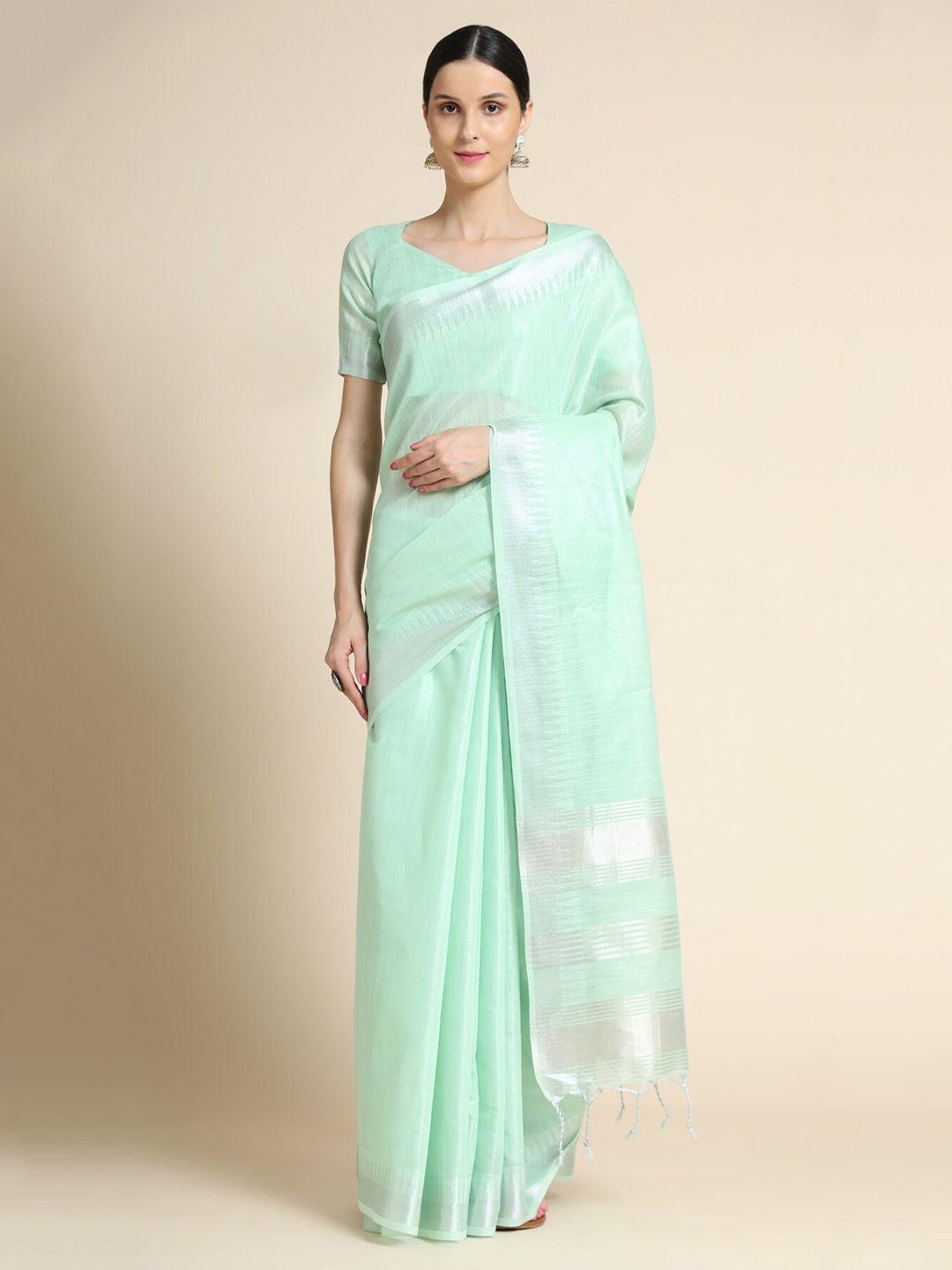 vishnu weaves lime green & silver-toned zari tissue banarasi saree