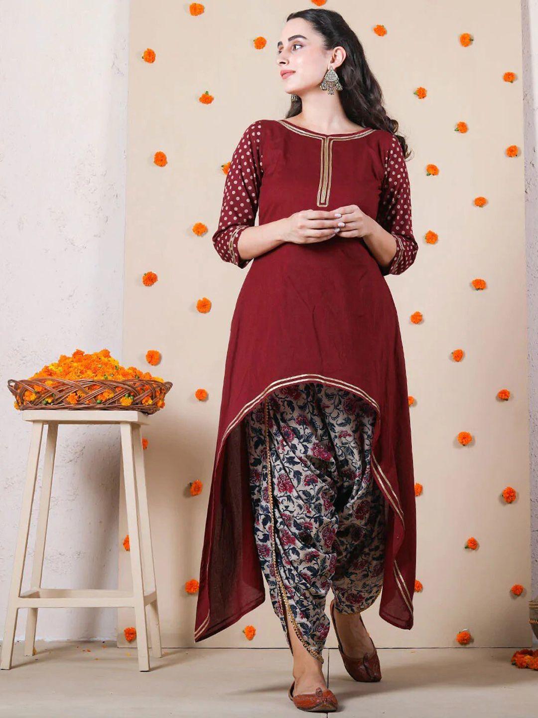 rustorange women maroon floral embroidered kurti with palazzos