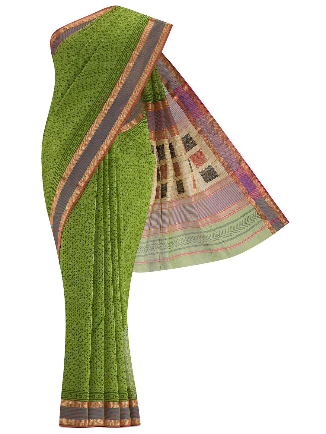 nalli next green & purple floral zari silk cotton maheshwari saree