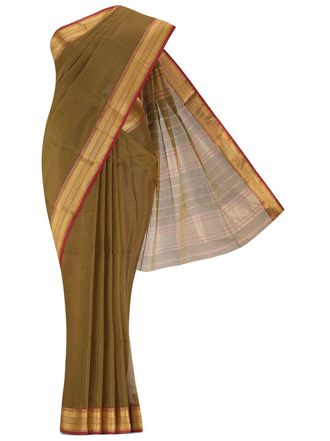 nalli next brown & gold-toned striped zari silk cotton saree