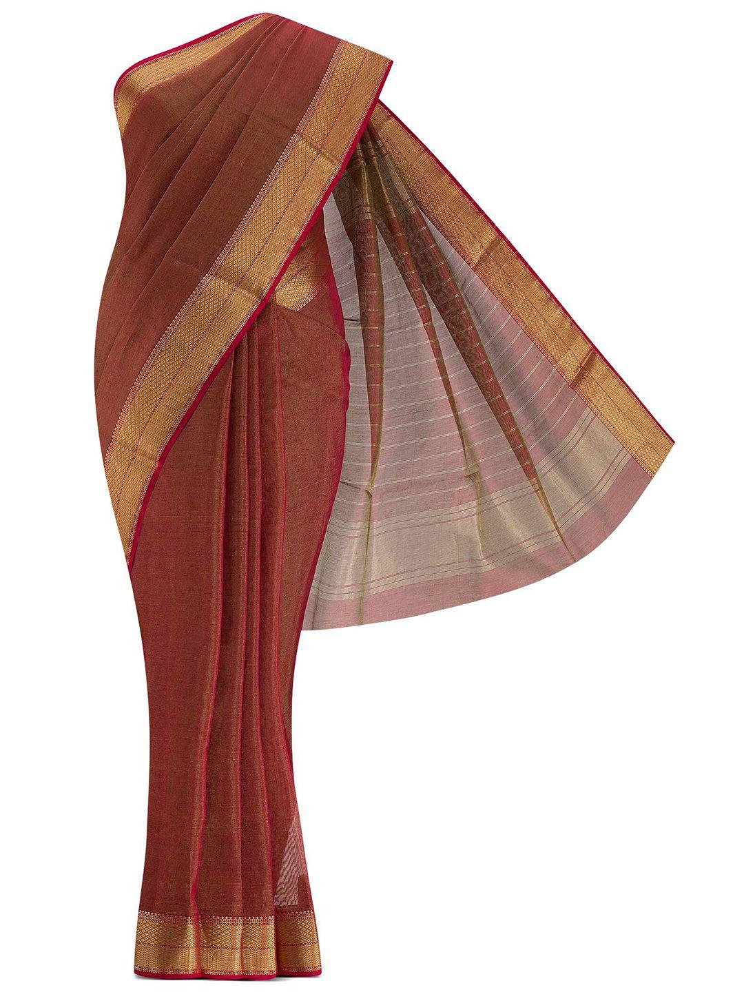 nalli next maroon & gold-toned striped zari silk cotton saree