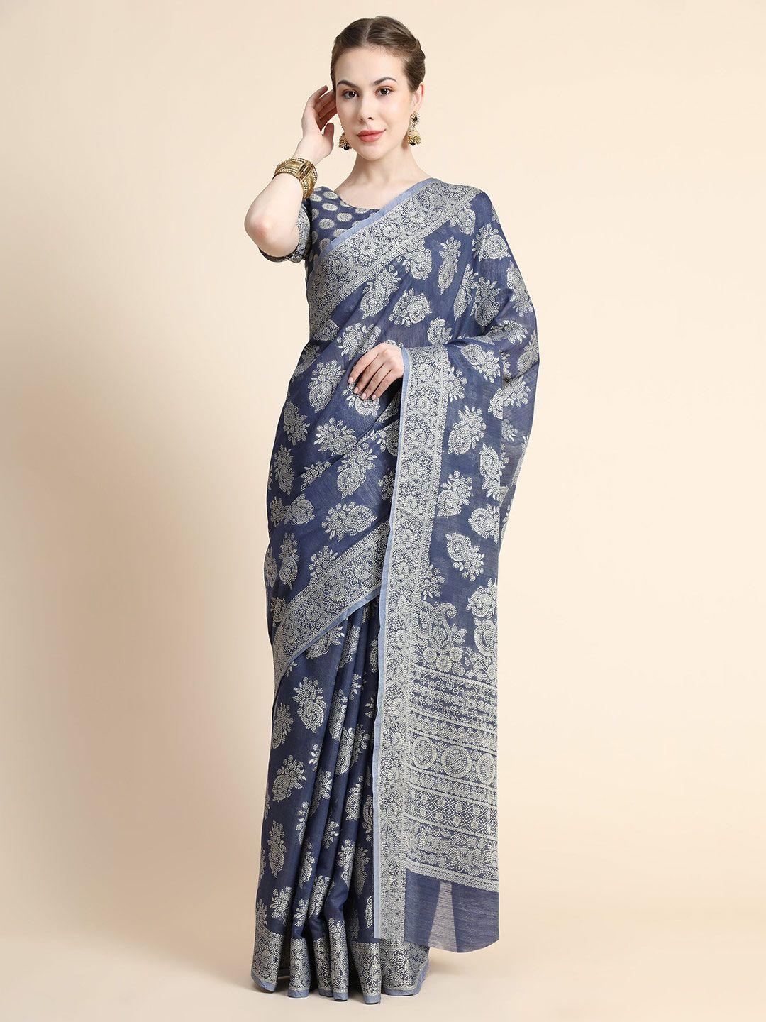 bahuji grey & white paisley chikankari art silk banarasi saree