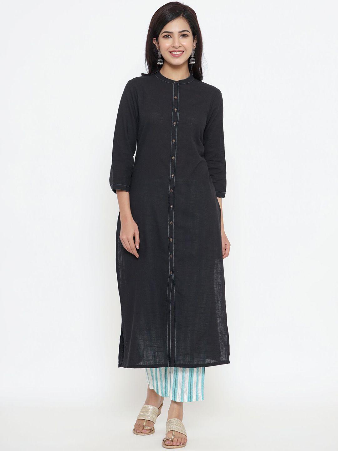 sutidora women black solid high slit pure cotton kurta with striped palazzo