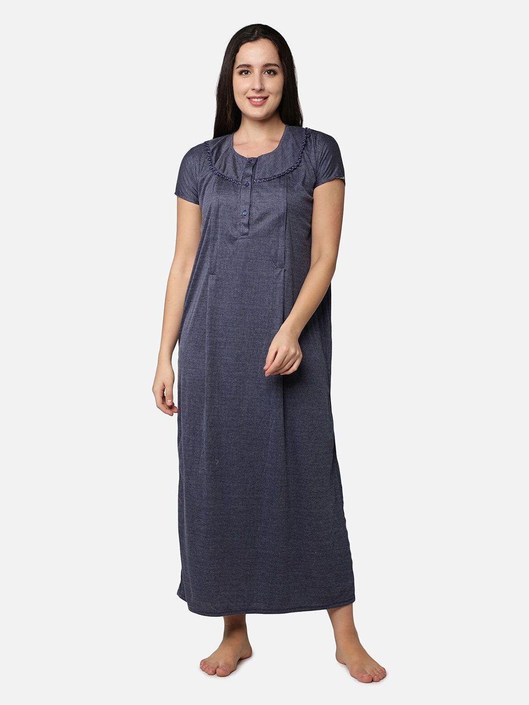 be you women blue printed cotton blend maxi maternity nightdress