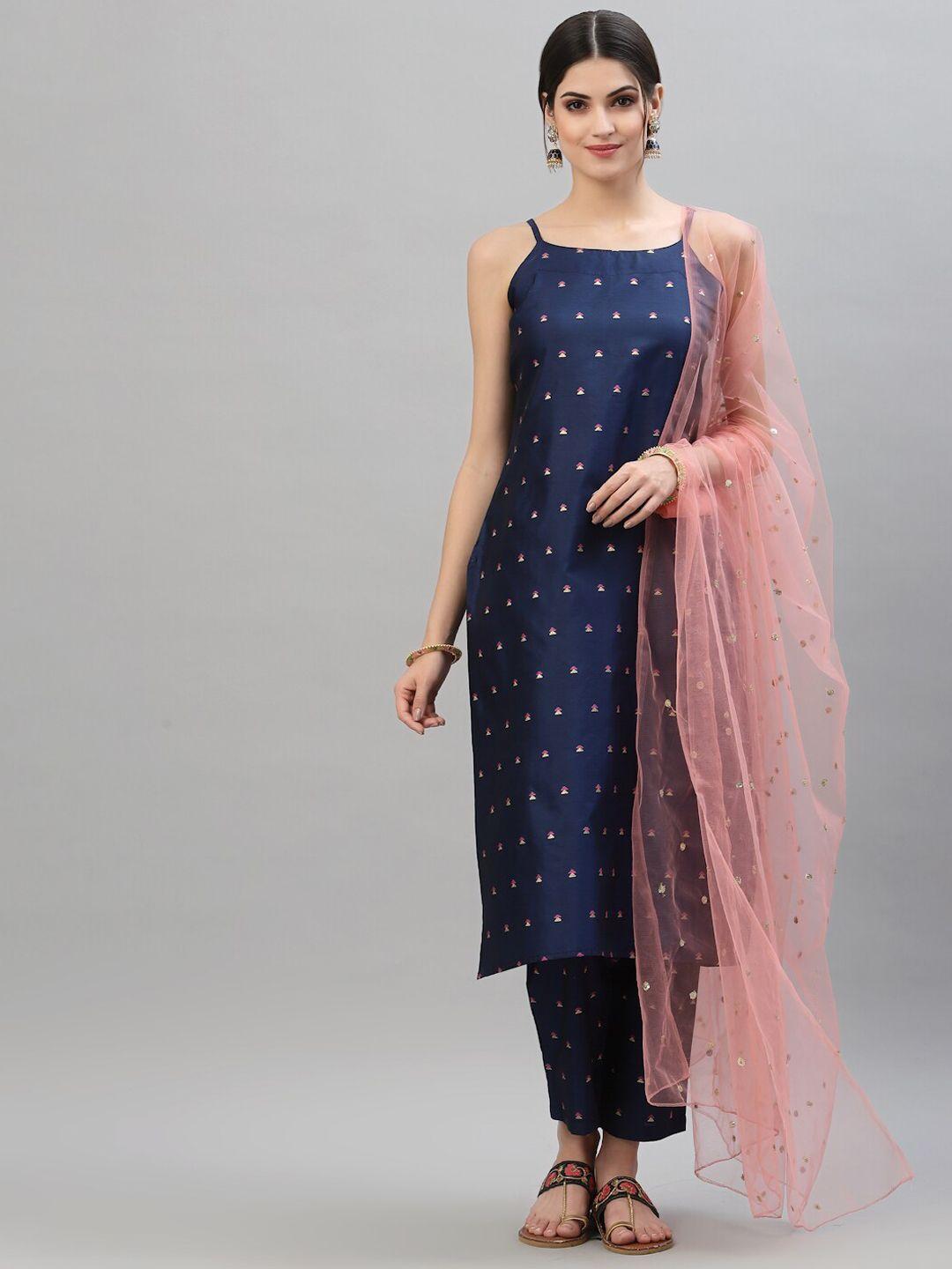 stylum women navy blue printed kurta with trousers & with dupatta