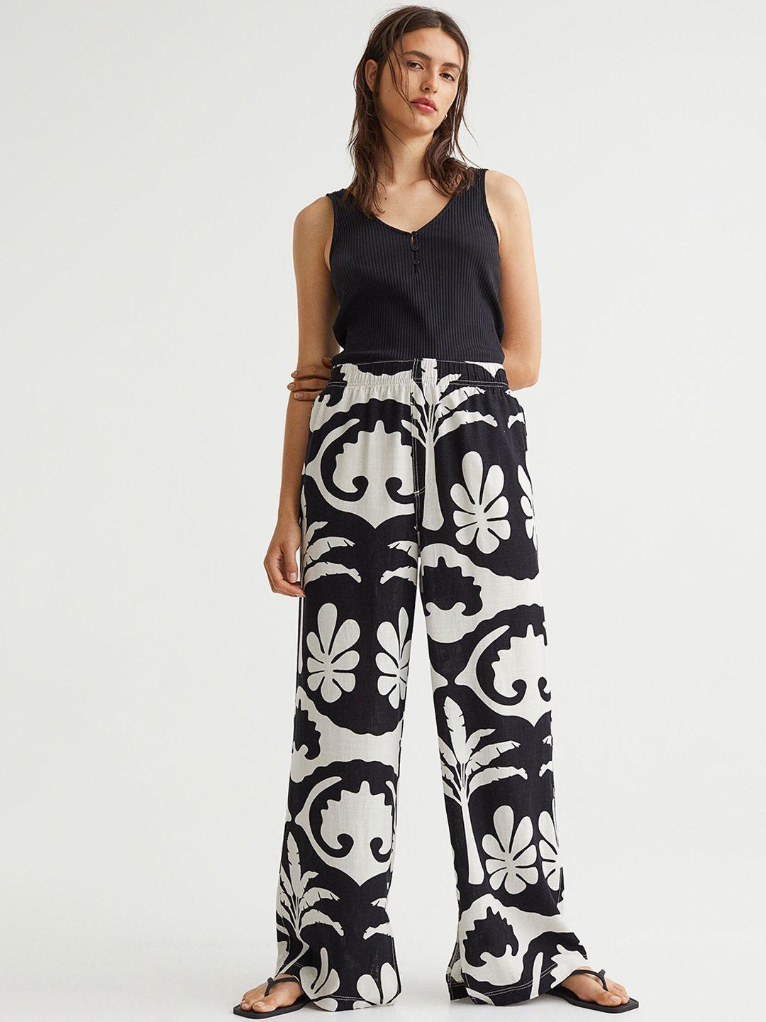 h&m women black & white printed linen-blend trousers