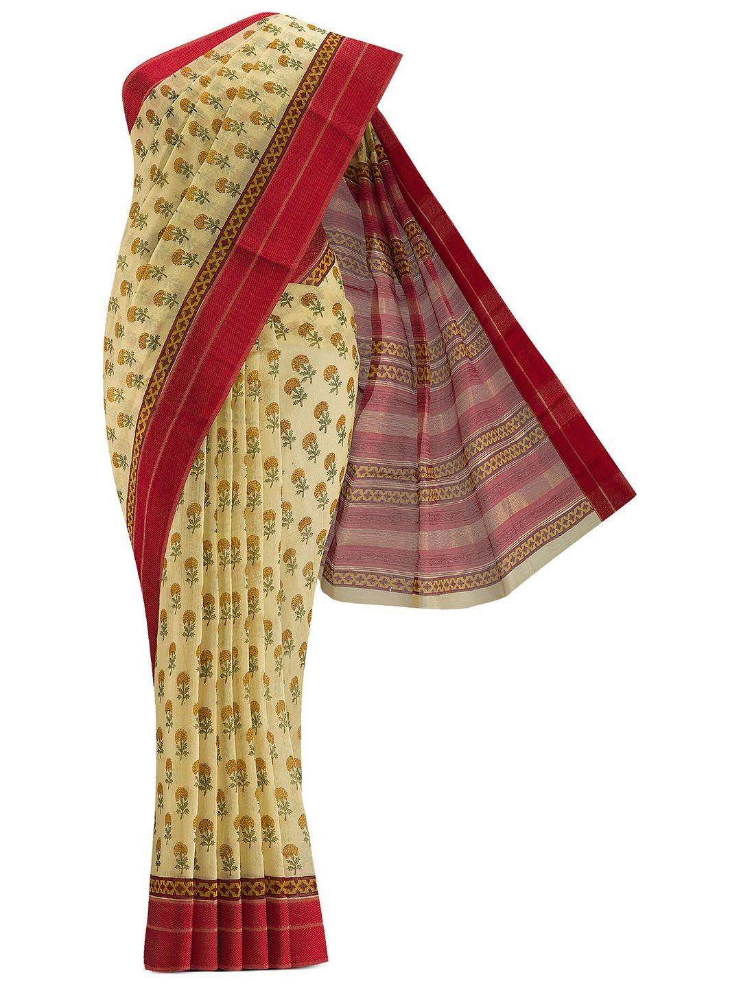 nalli next yellow & red floral silk cotton saree