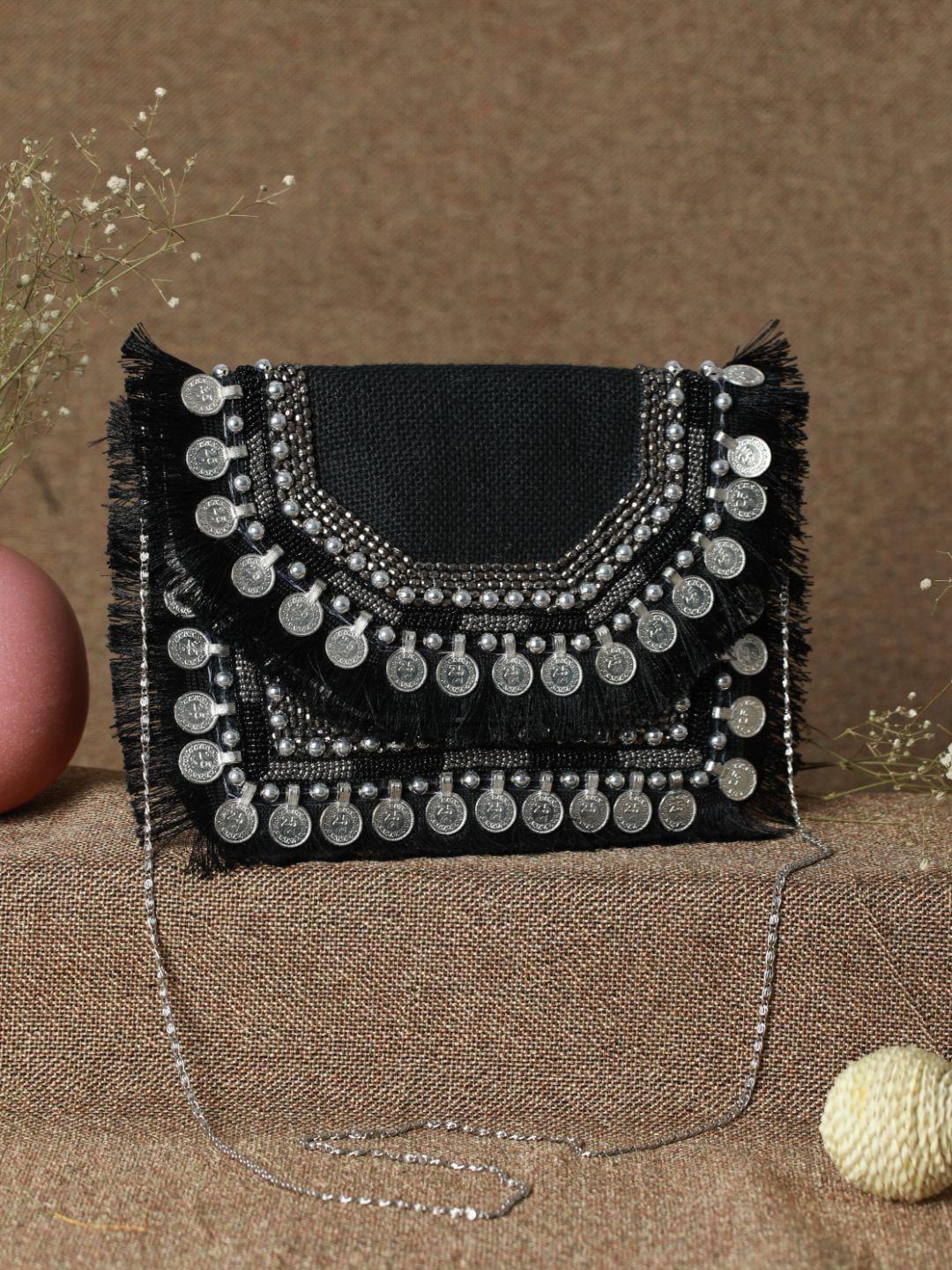 priyaasi black coin embellished jute clutch bag