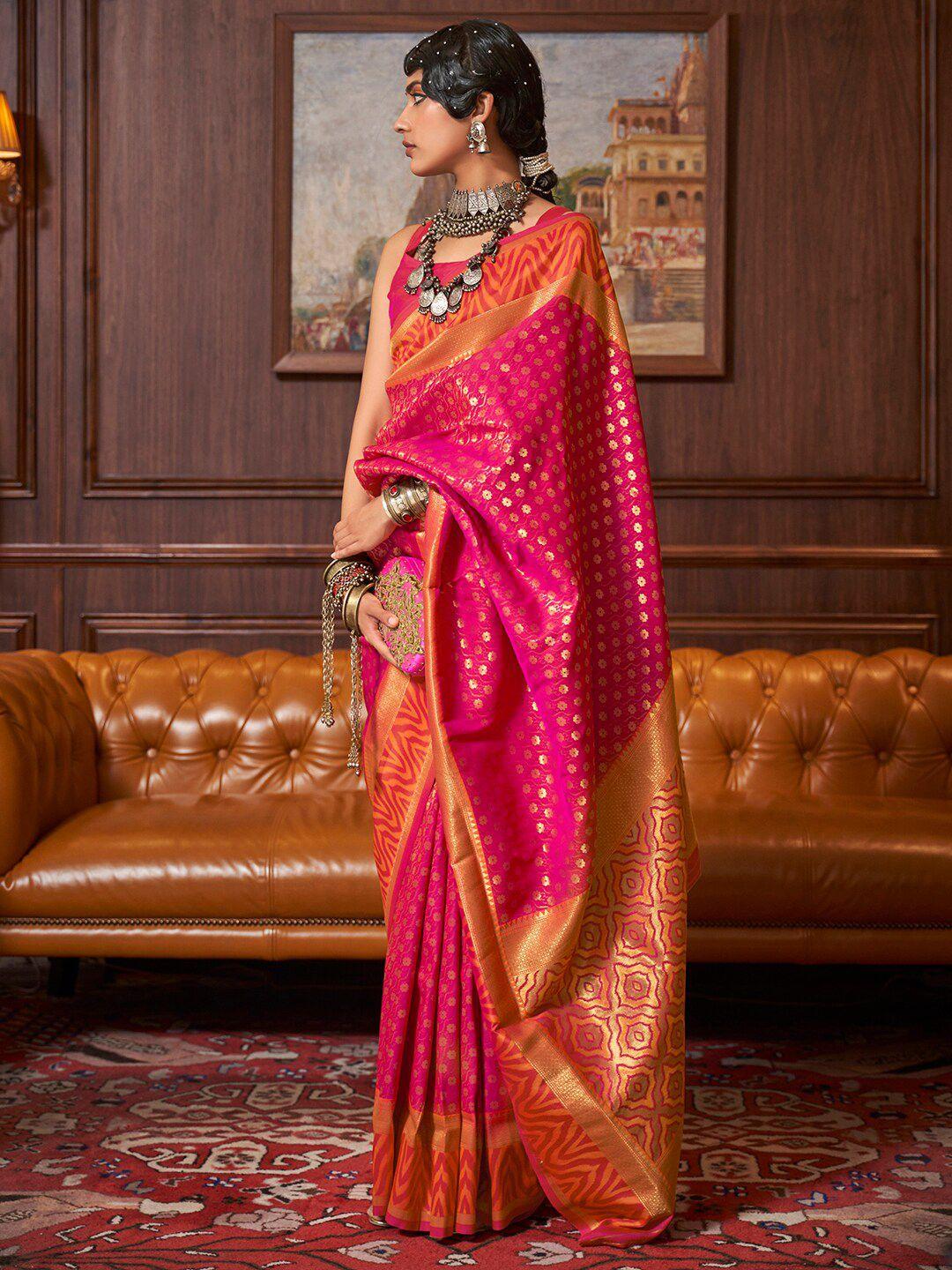 mitera pink & gold-toned floral silk blend banarasi saree