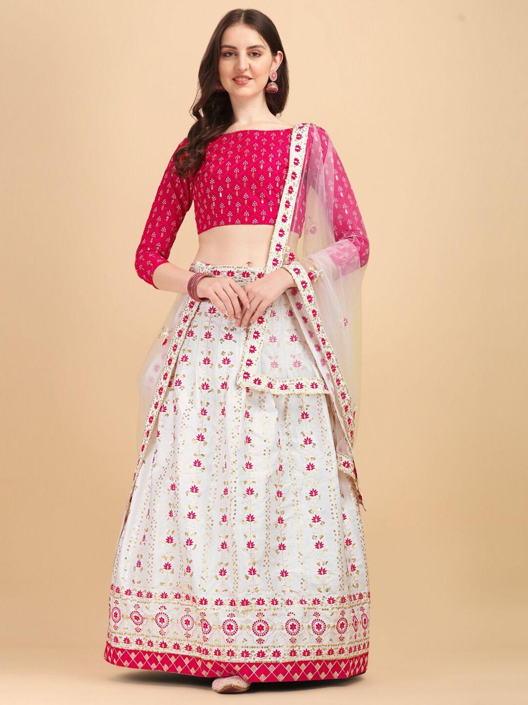 amrutam fab white & pink embroidered sequinned semi-stitched lehenga & unstitched blouse with dupatta