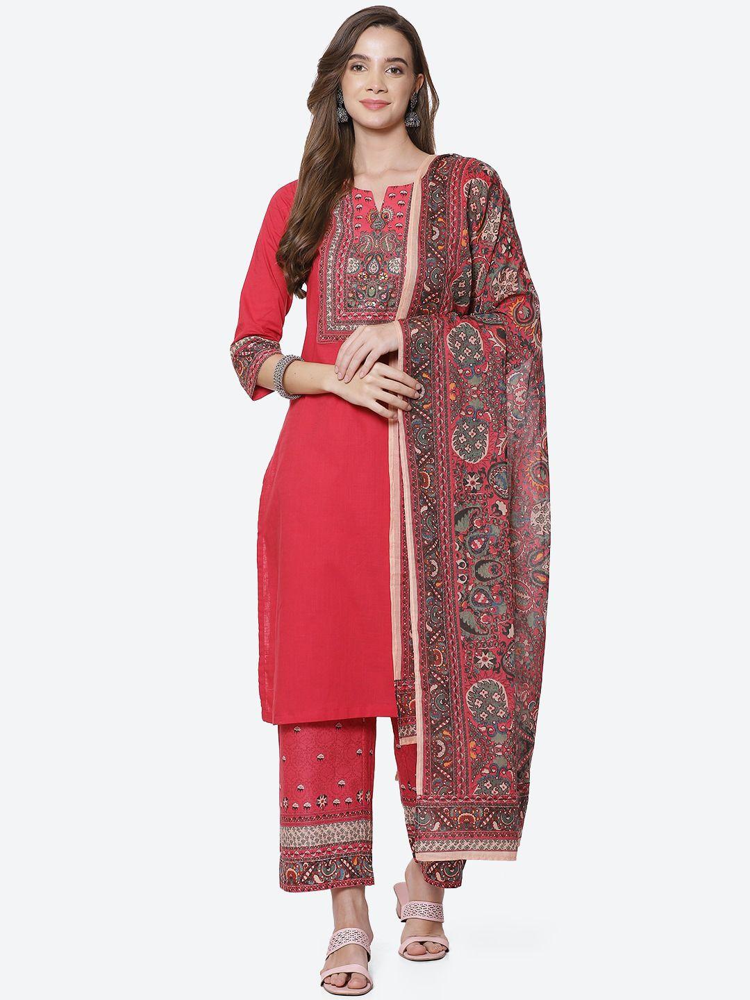 biba women red printed kurta with salwar & dupatta