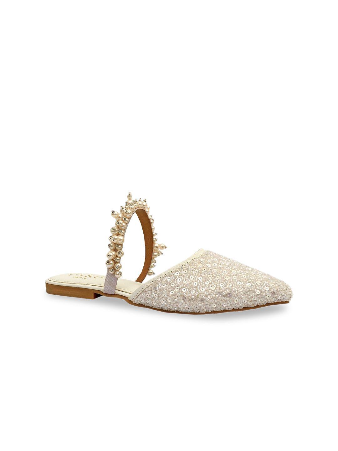 eske women white embellished mules