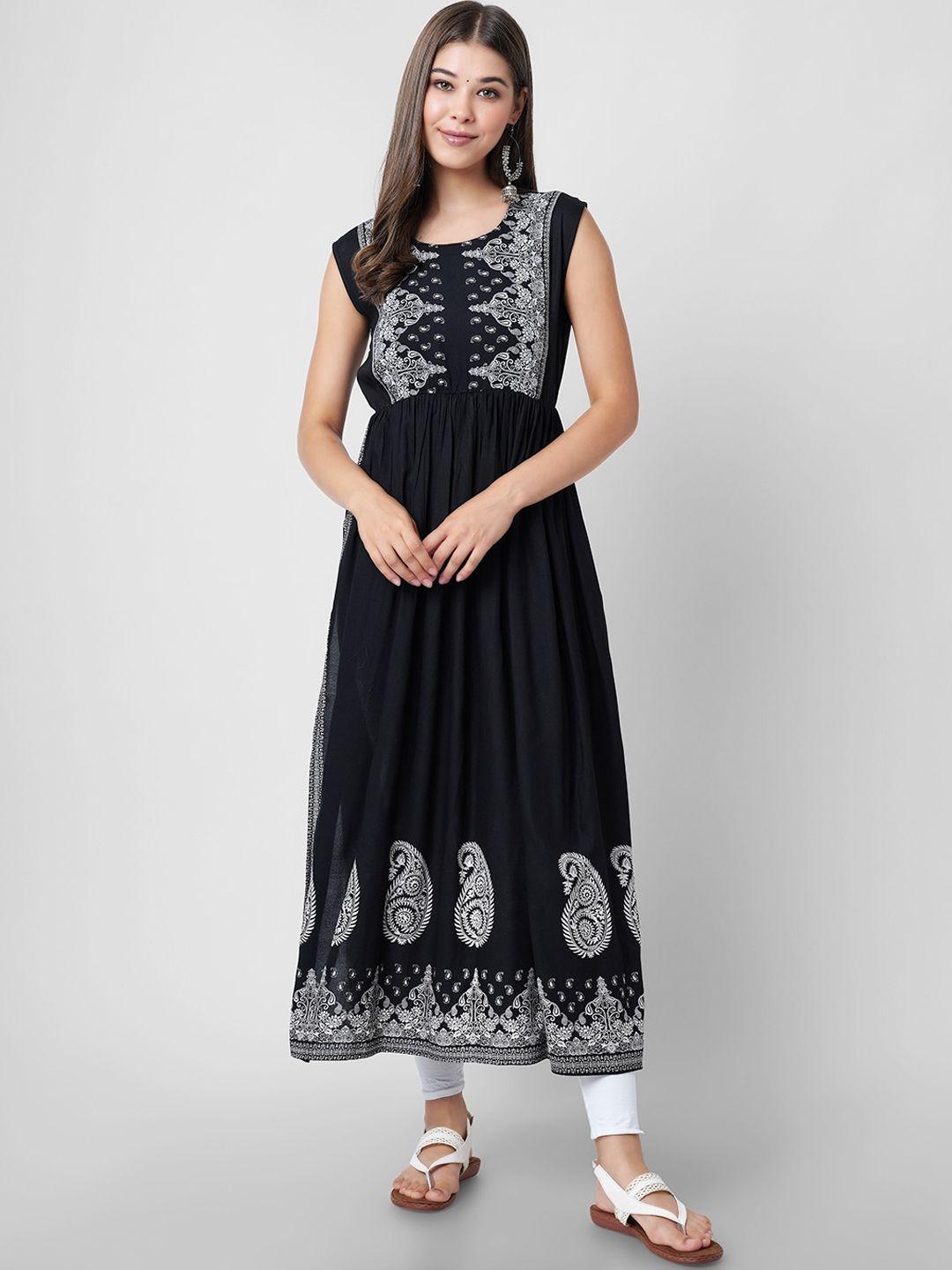 purshottam wala women black ethnic motifs printed mirror work anarkali kurta