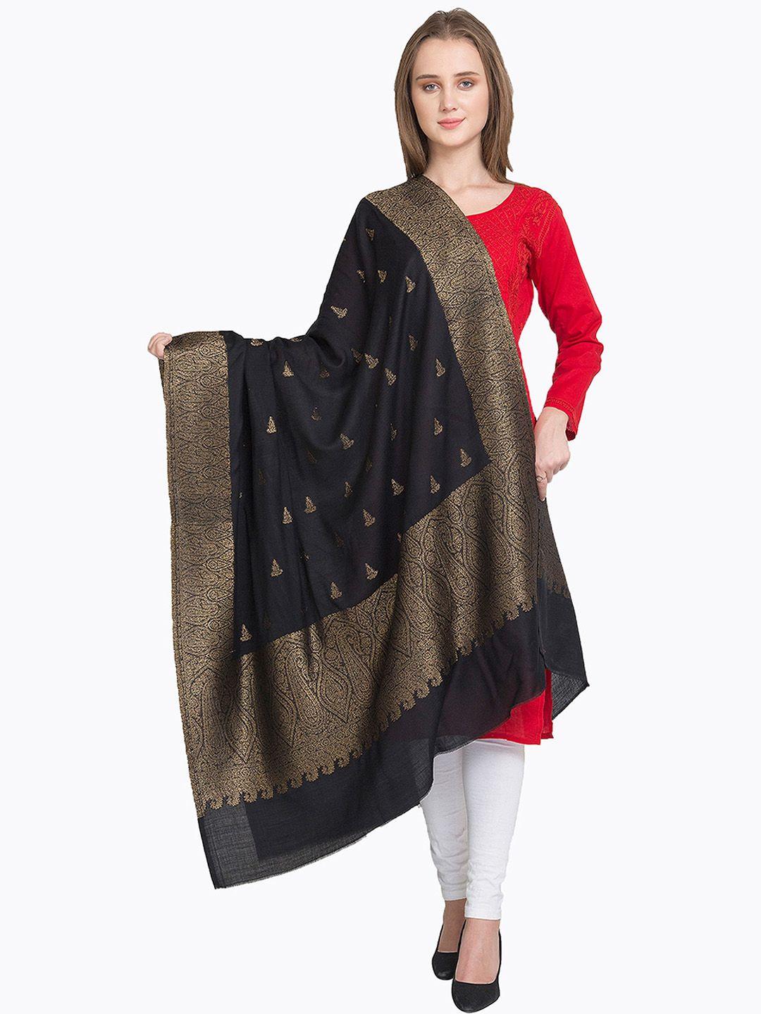 la vastraa women black & gold coloured zari woven design shawl