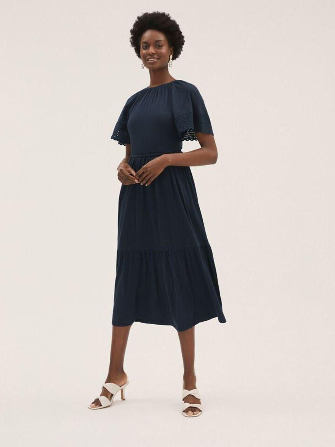 marks & spencer navy blue tie-up waist tiered midi dress