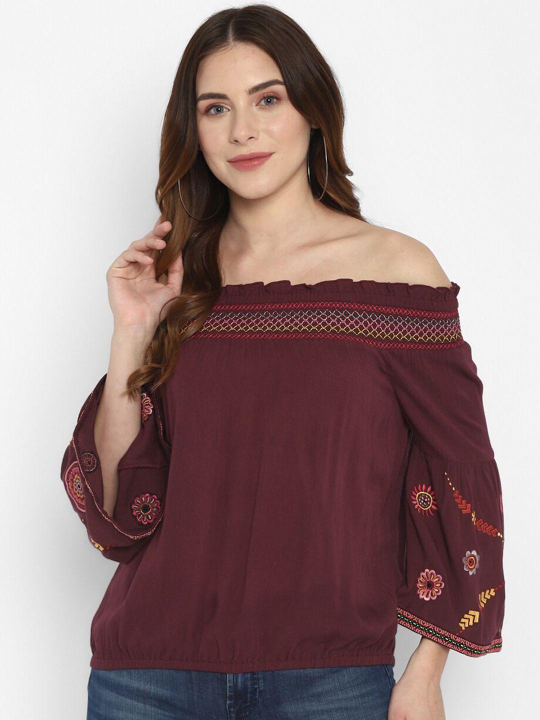 taurus wine off-shoulder crepe bardot top