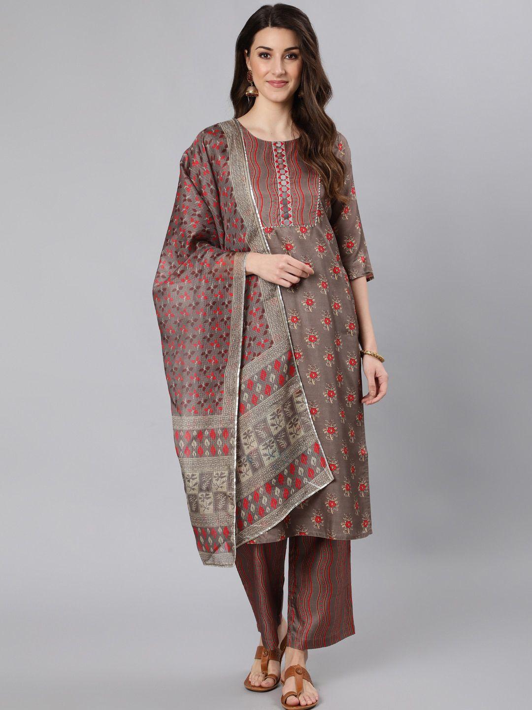 jaipur kurti women brown floral printed layered mirror work kurti with palazzos & with dupatta