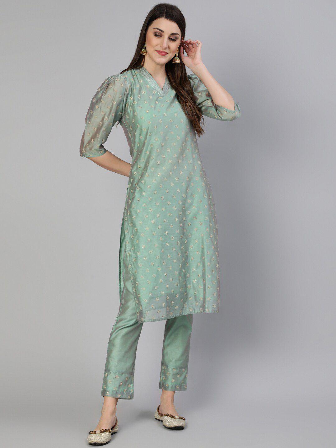 jaipur kurti women sea green floral regular chanderi cotton kurta with trousers