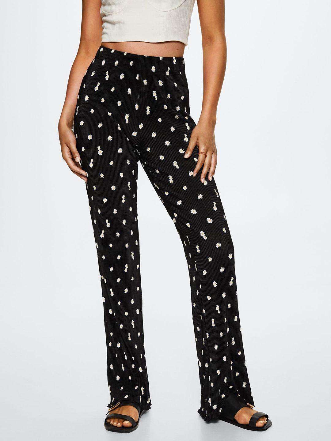 mango women black floral printed trousers