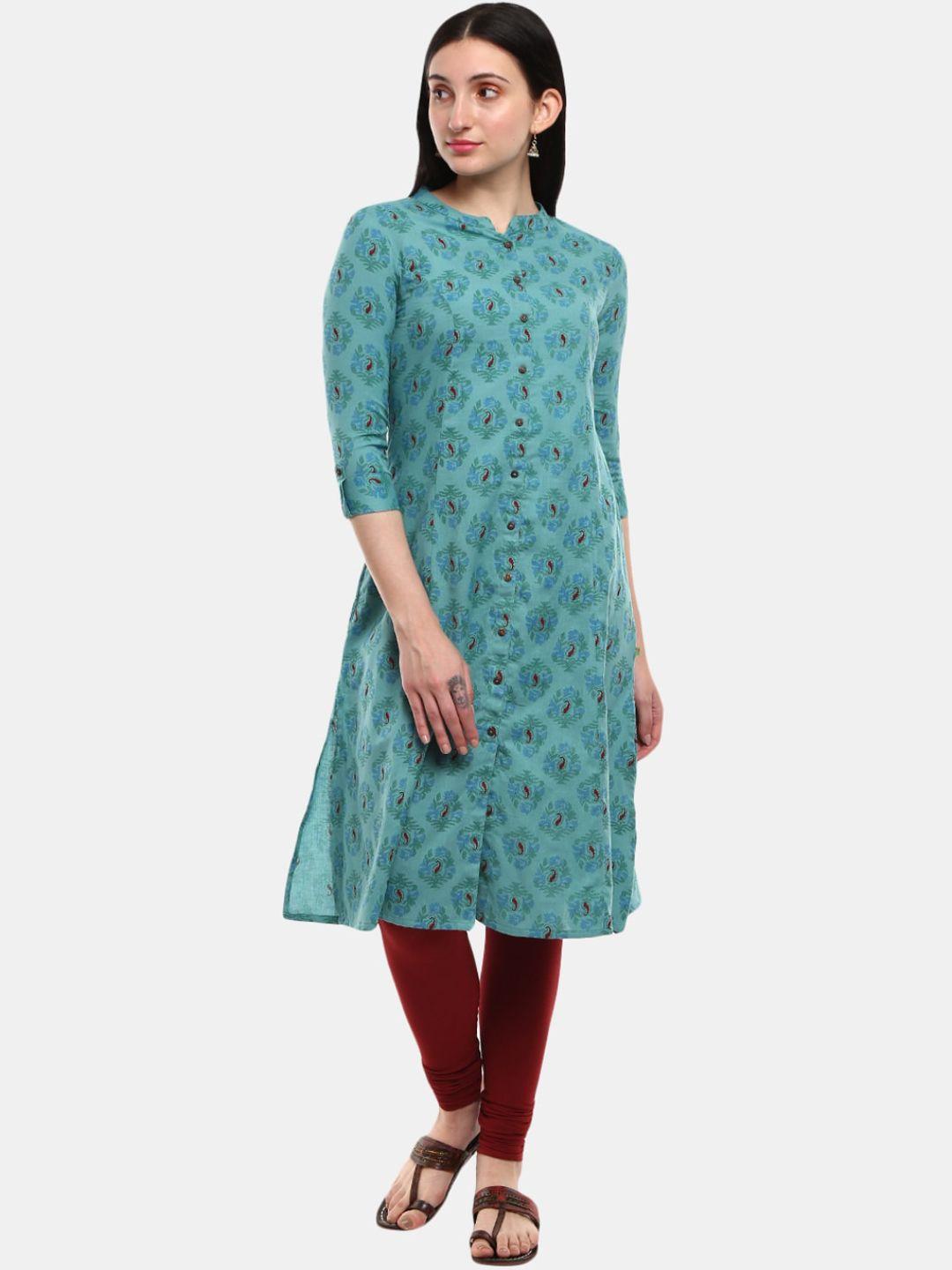 desi mix women teal ethnic motifs printed thread work kurta