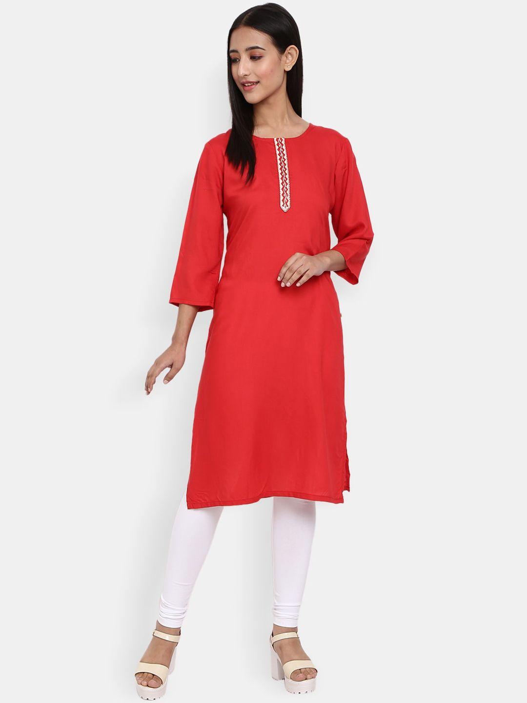 desi mix women red solid round neck kurta