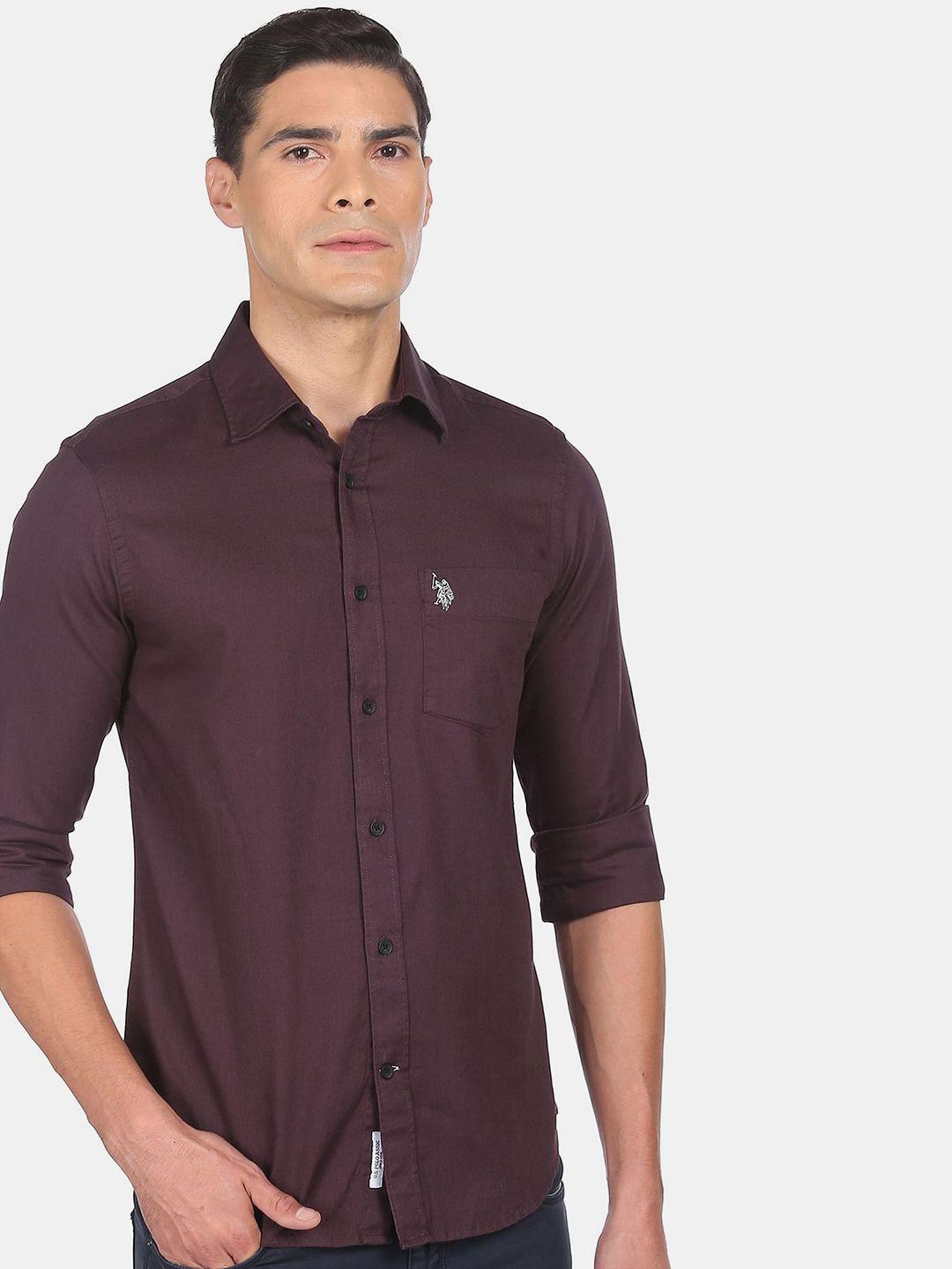 u s polo assn men purple premium cotton solid casual shirt