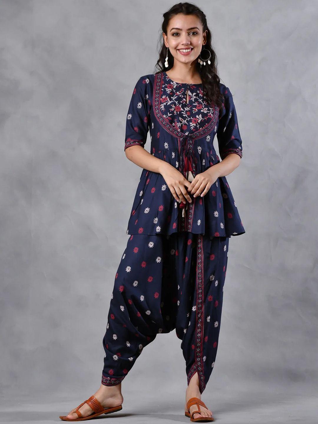 rustorange women blue floral printed kurti with harem pants