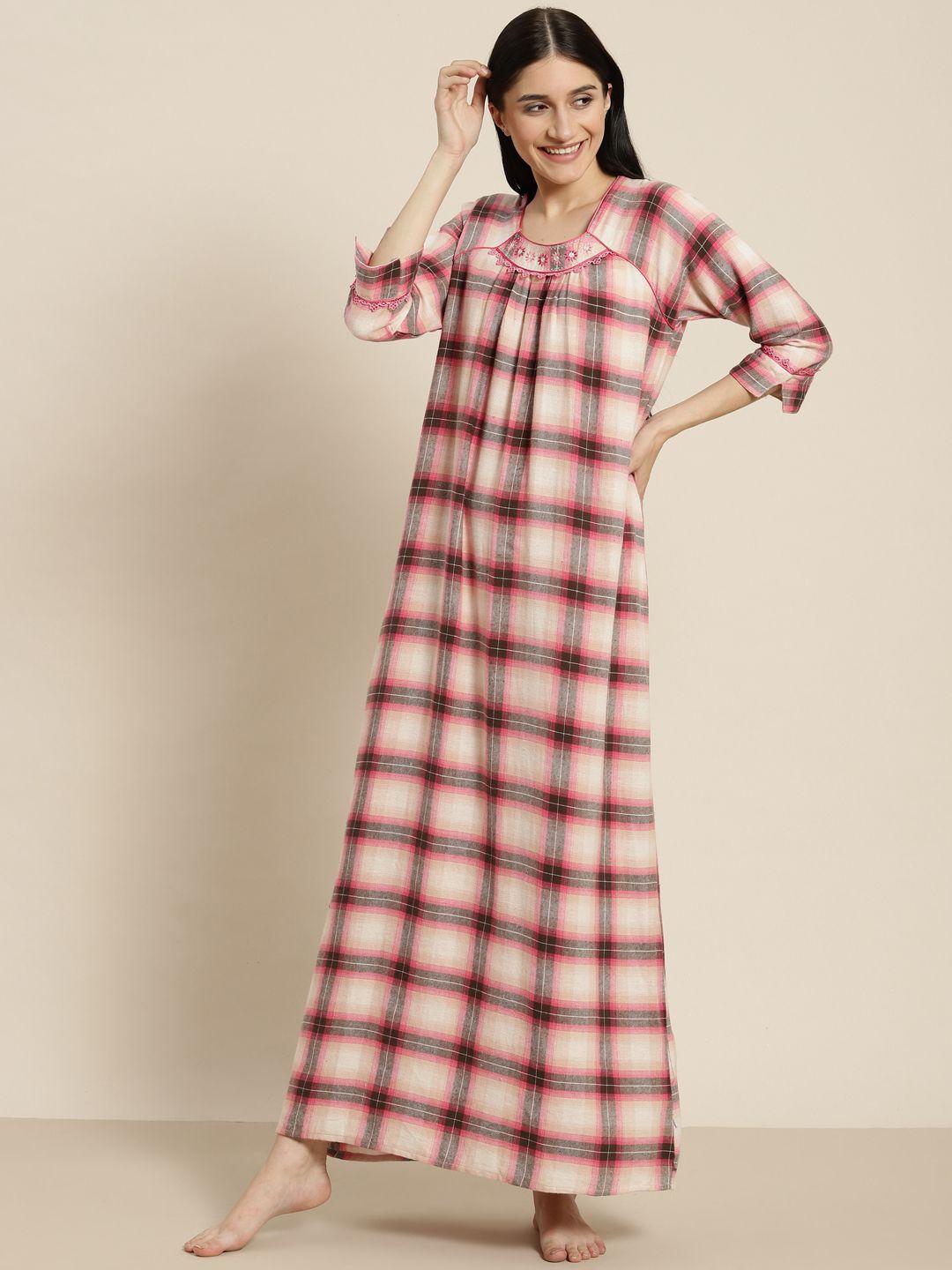 sweet dreams cream-coloured & pink pure cotton checked maxi nightdress