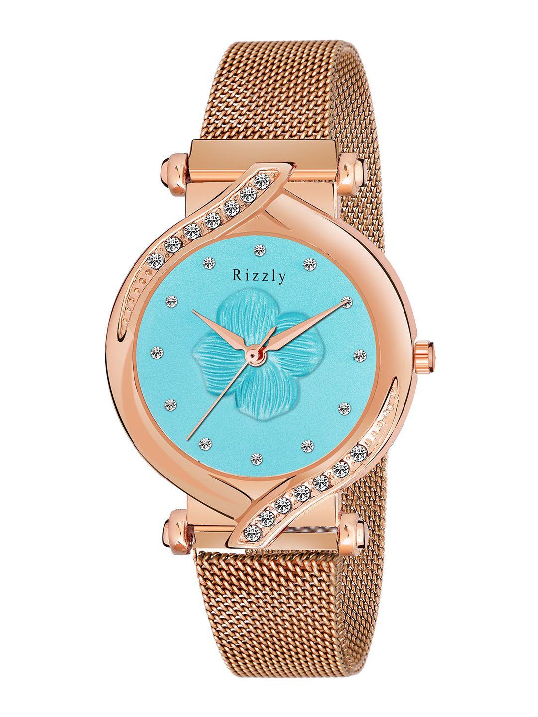 septem women blue embellished dial & rose gold toned stainless steel bracelet style straps analogue watch