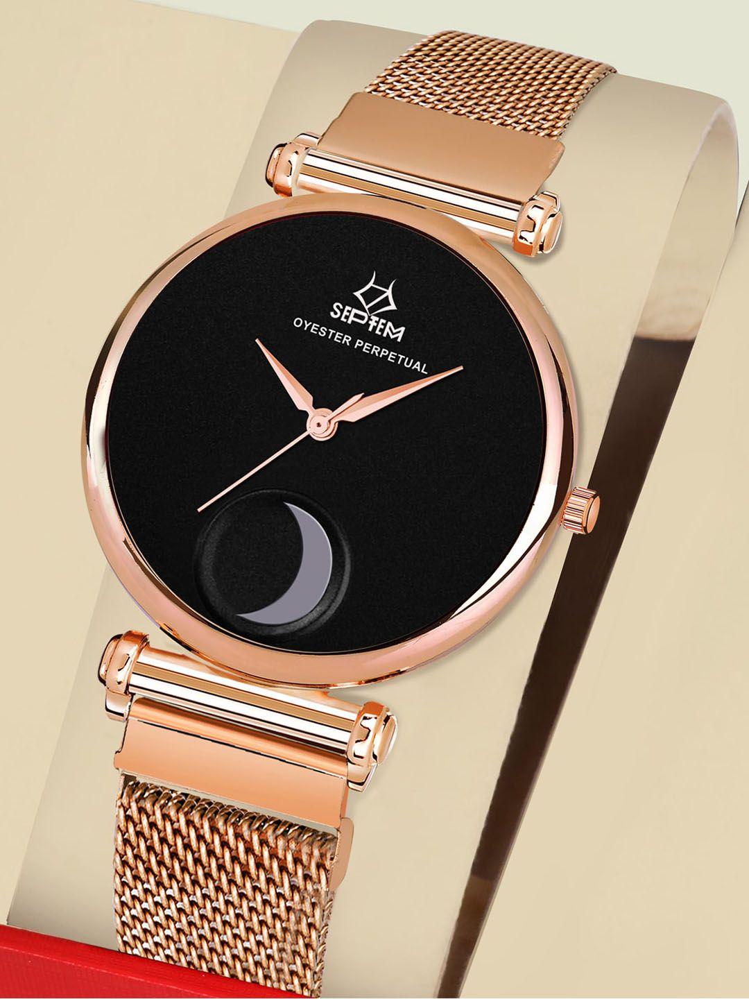 septem women black & rose gold toned dial stainless steel bracelet style straps analogue watch