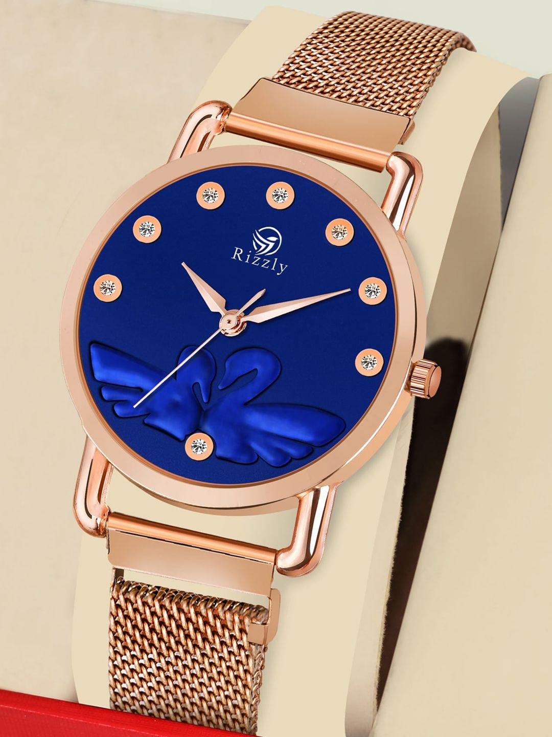 septem women blue embellished dial & rose gold toned stainless steel bracelet style straps analogue watch