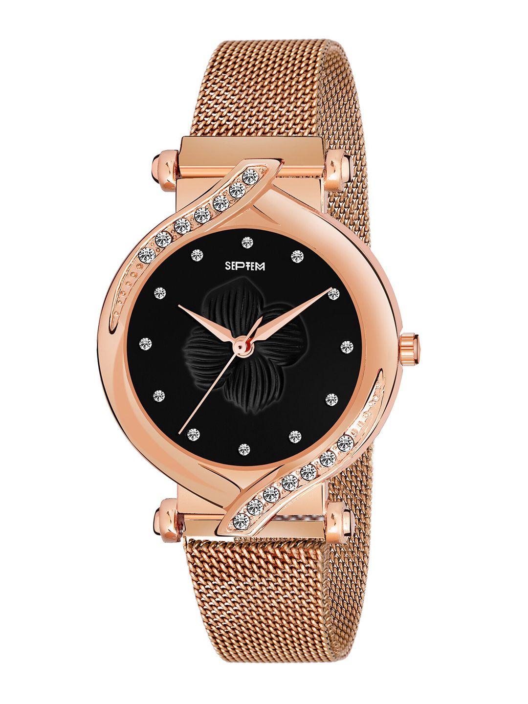 septem women black dial & rose gold toned bracelet style straps analogue watch sp-141