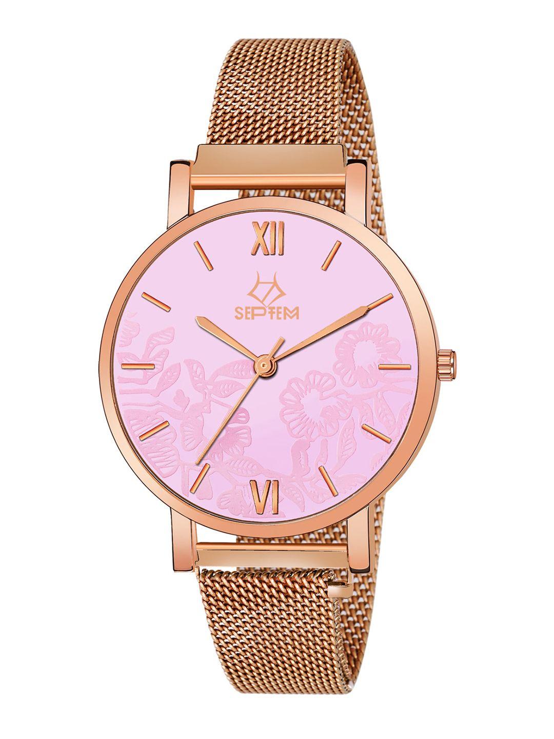 septem women pink printed dial & rose gold toned stainless steel bracelet style straps analogue watch