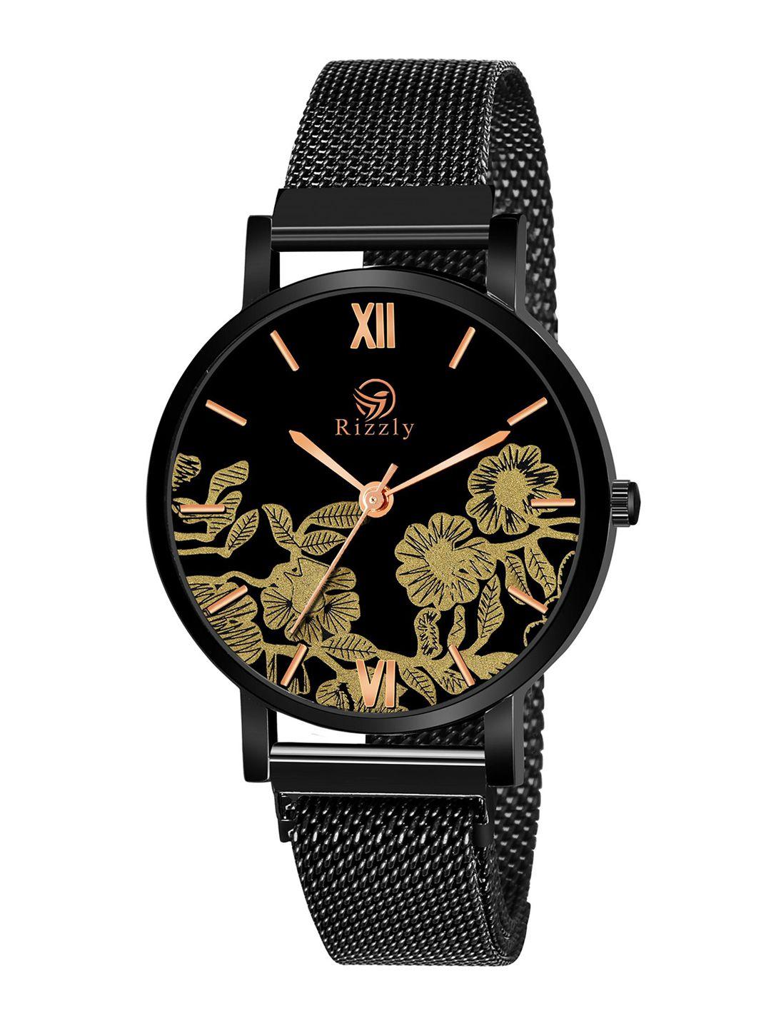 septem women green printed dial & black stainless steel bracelet style straps analogue watch