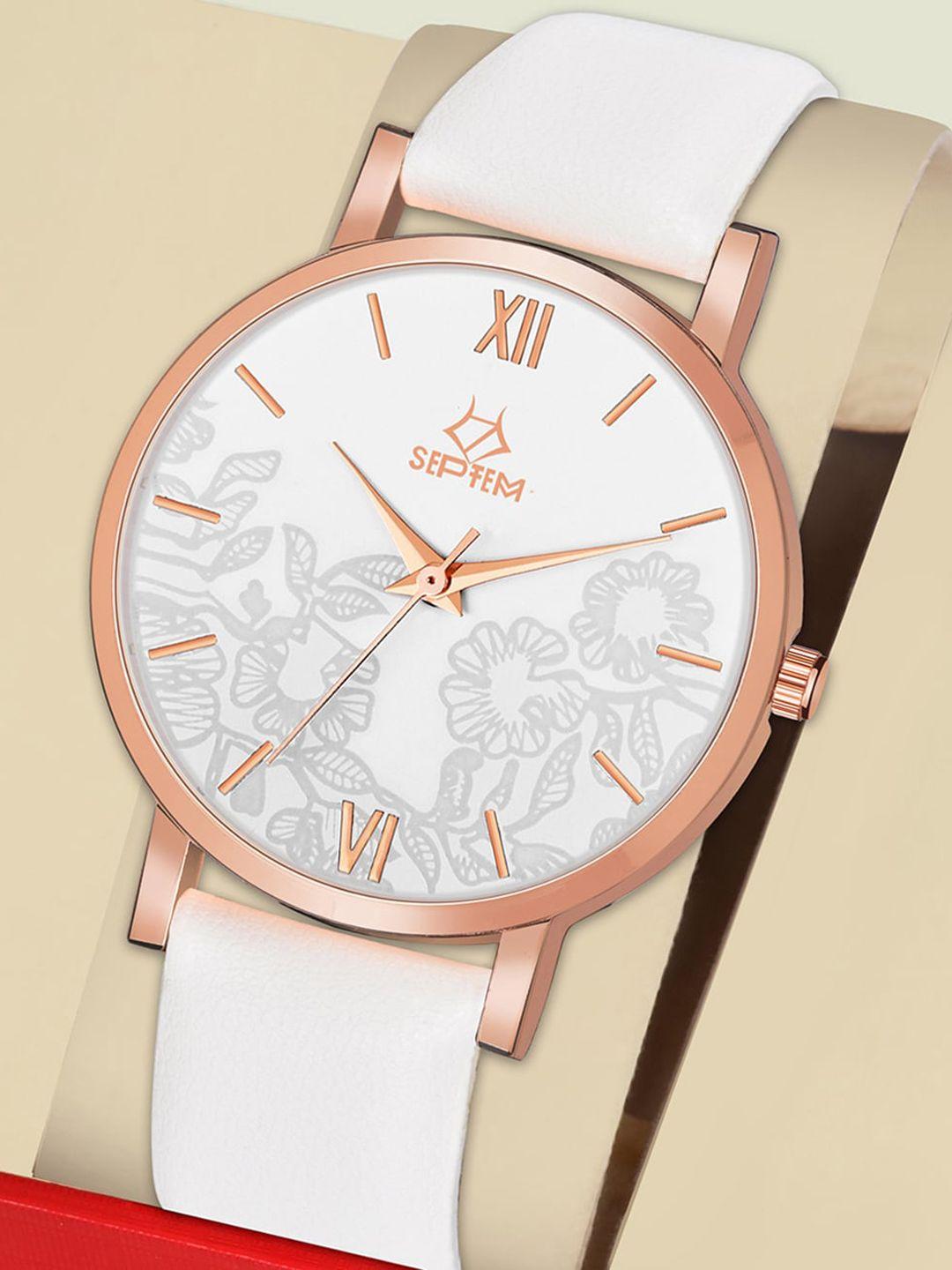 septem women white patterned dial & white leather straps analogue watch