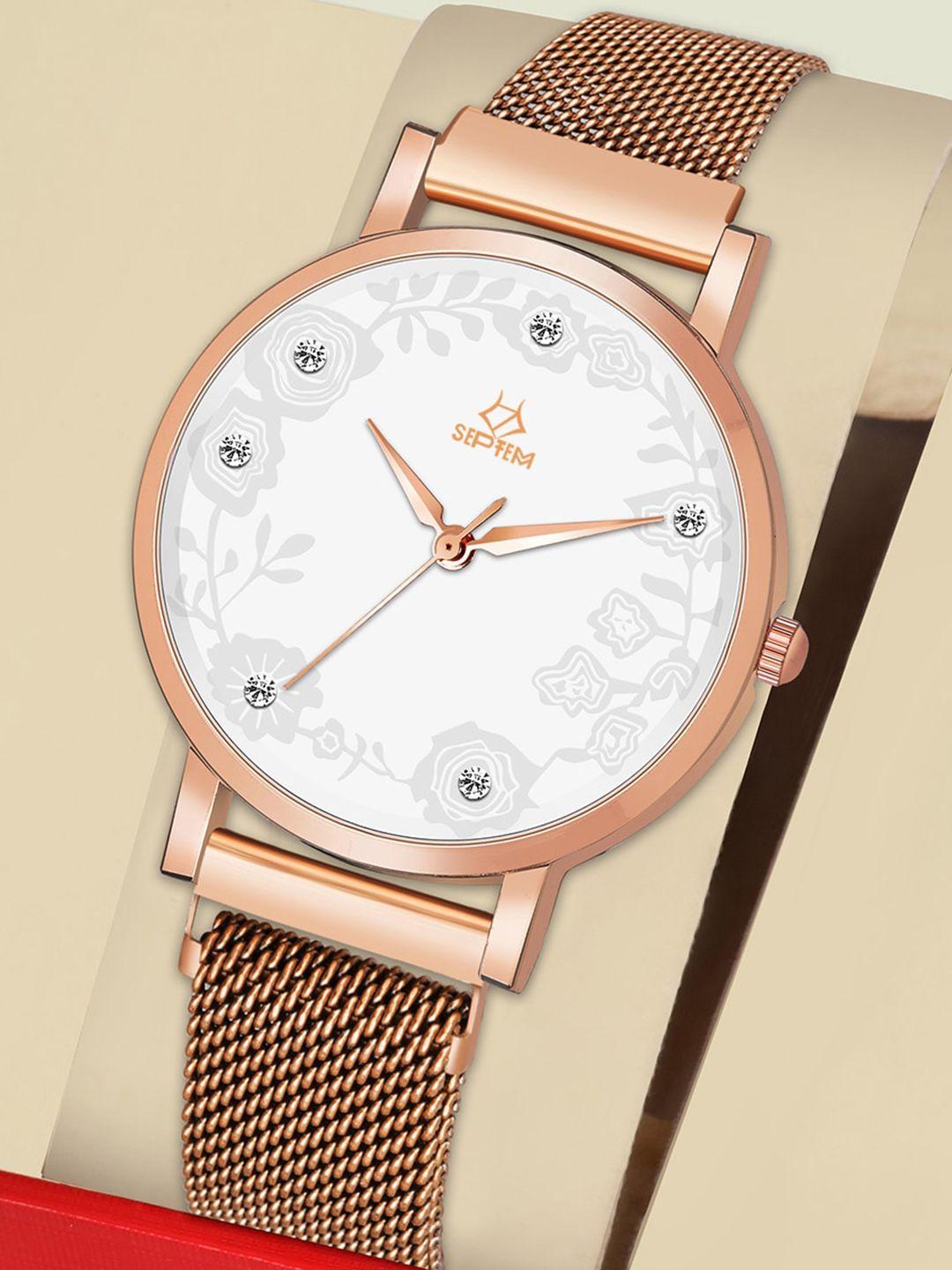 septem women white printed dial & rose gold toned stainless steel bracelet style straps analogue watch