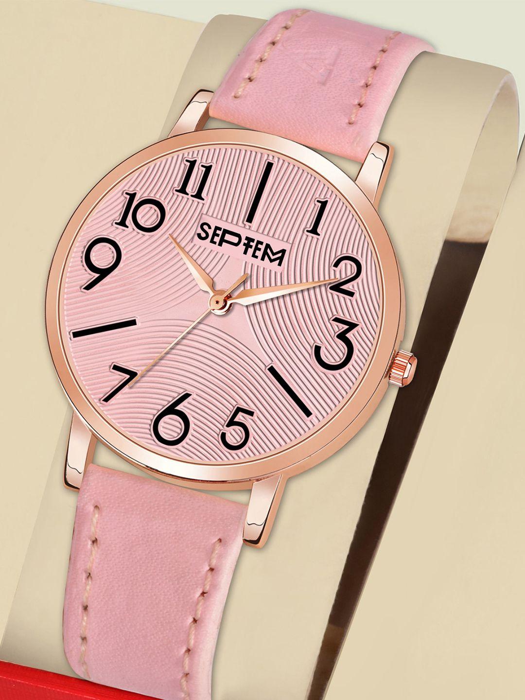 septem women pink printed dial & pink leather straps analogue watch