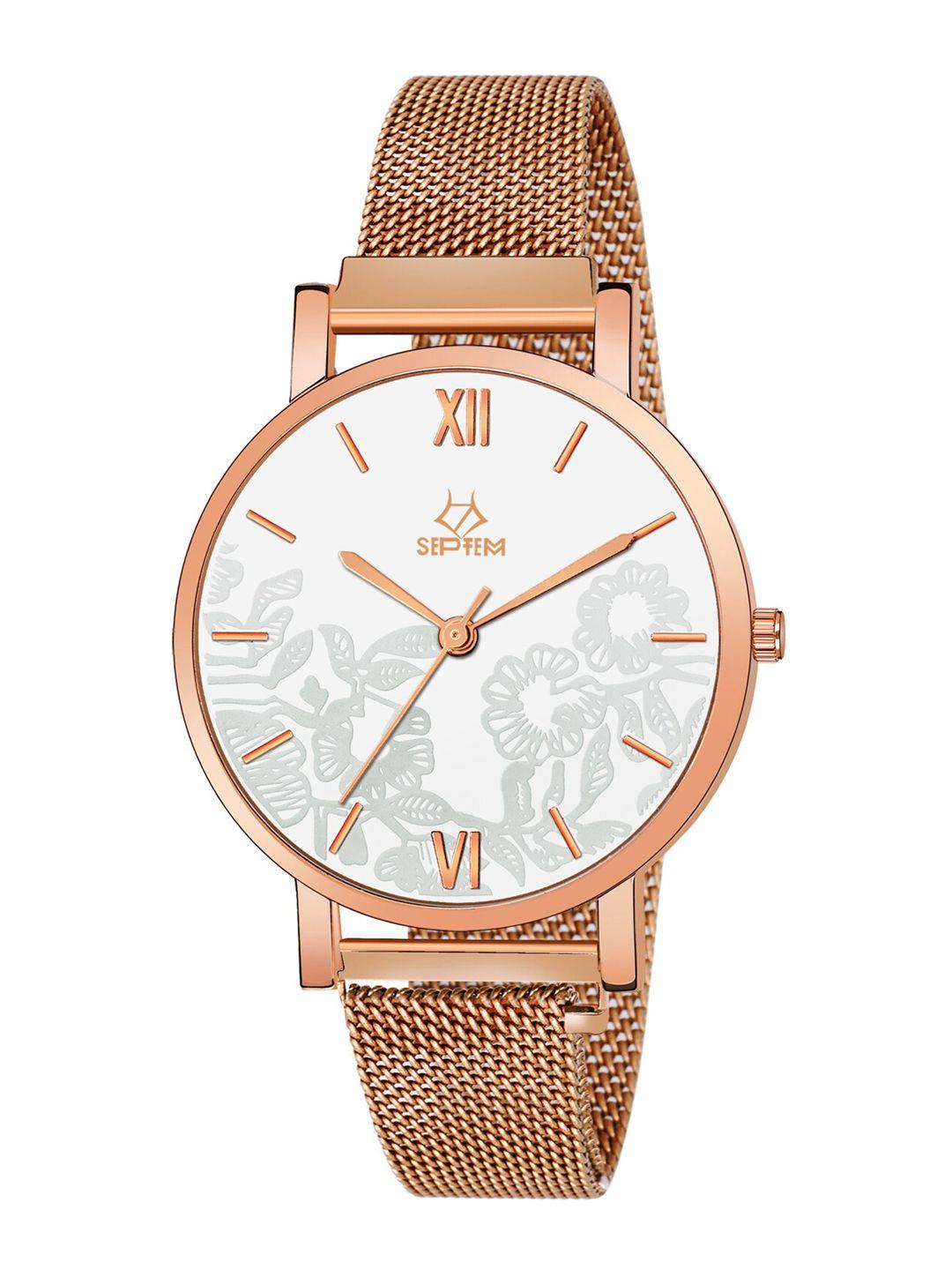 septem women white dial & rose gold toned stainless steel analogue watch-sp-119-white